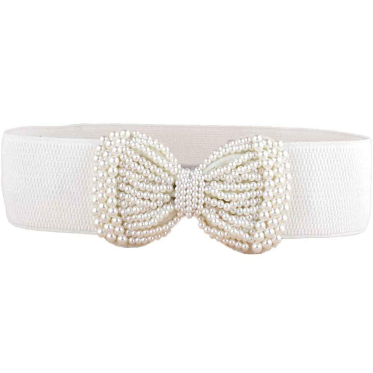 

Женский эластичный широкий пояс с жемчугом, закрывающий талию, универсальное украшение для платья, высококачественный широкий жемчужный пояс-бант one size белый