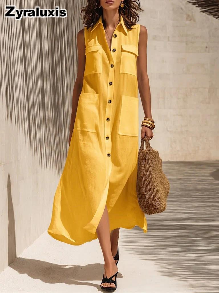 Summer Sleeveless Dress High-End Style Women Pure Color Pocket Long Dress