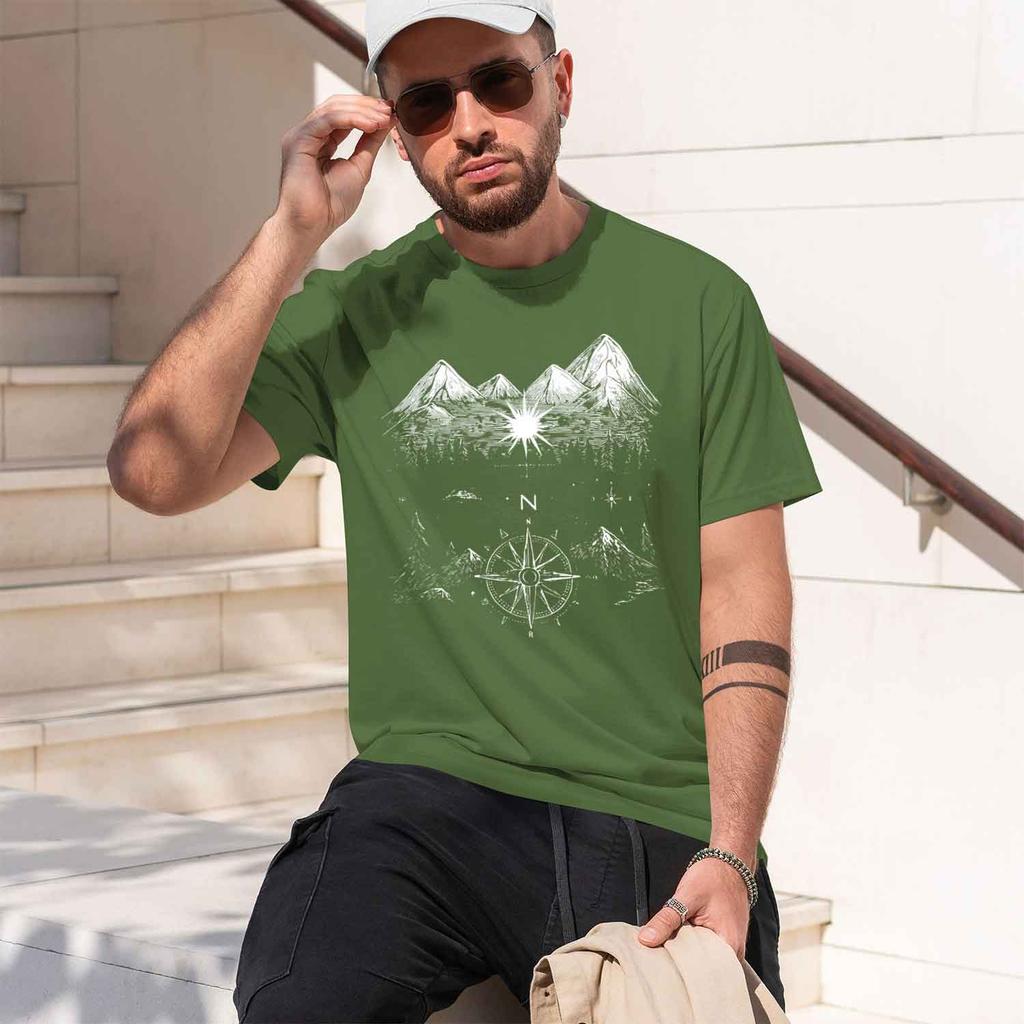 2026 New Model Unisex Summer Casual Crew Neck Tshirt With Mountain Comp Graphic Cotton Regular Fit Solid Color Unisex Clothing Comfor