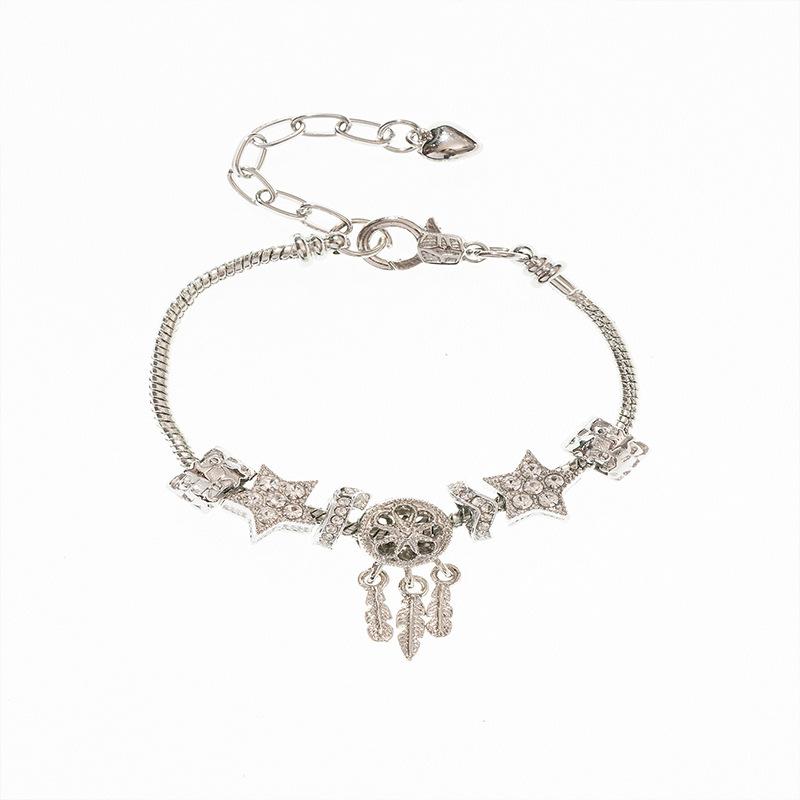 Adjustable Beaded Bracelet with Angel Wing Pendant Five Point Star Accent and Glue Rhinestone Embellishment