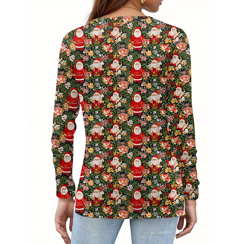 Women's Fashion Hem Slit Casual Christmas Printed Round Neck Long Sleeve Top
