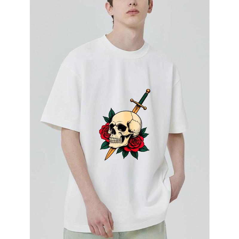 

Black T Shirt With Skull Sword And Roses Print For Casual Wear XXXXL білий