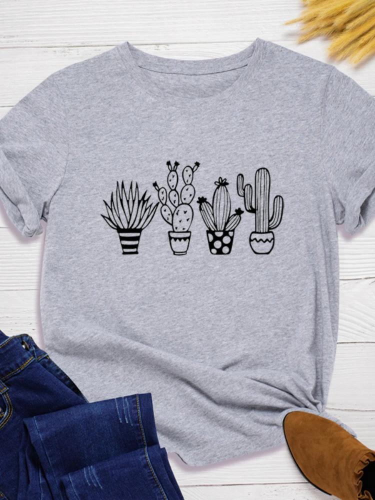 Plant Cactus Print Women T Shirt Short Sleeve O Neck Loose Women Tshirt Ladies Tee Shirt Tops Clothes Camisetas Mujer