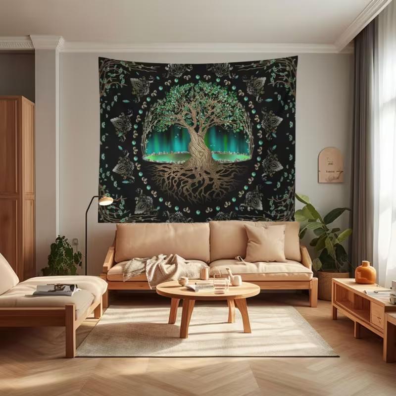 2D Tree of Life Tapestry with Northern Lights Black Background Wall Hanging