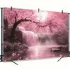 2D Pink Sakura Waterfall Background Cloth Night Moon & Floral Party Banner