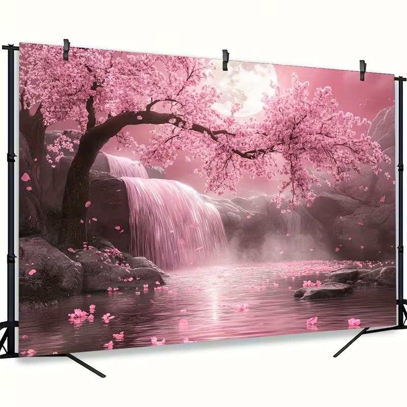 2D Pink Sakura Waterfall Background Cloth Night Moon & Floral Party Banner