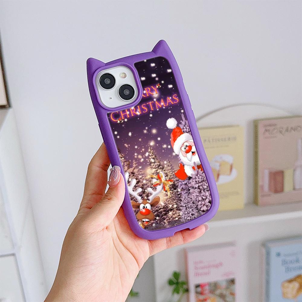 Cat Ear Soft Phone Case for iPhone 16 15 14 13 12 11 Pro Max Plus XR TPU Anti-Drop Transparent Acrylic Back Cover NY29 Merry Christmas Christmas tree