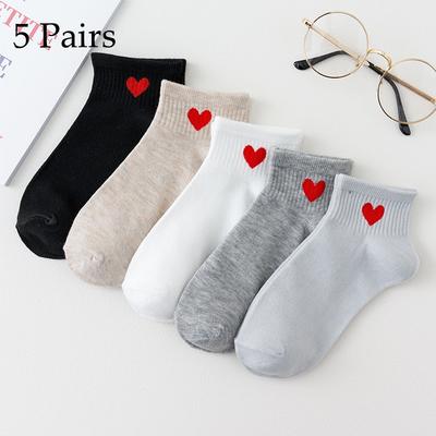 Lot de 5 paires de chaussettes courtes en coton style Harajuku, motif cœur, style hip-hop, couleur unie