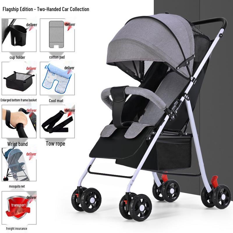 Lightweight Foldable Baby Stroller, Four-Wheeled, Convertible for Sitting or Lying, One-Button Fold Portable Design