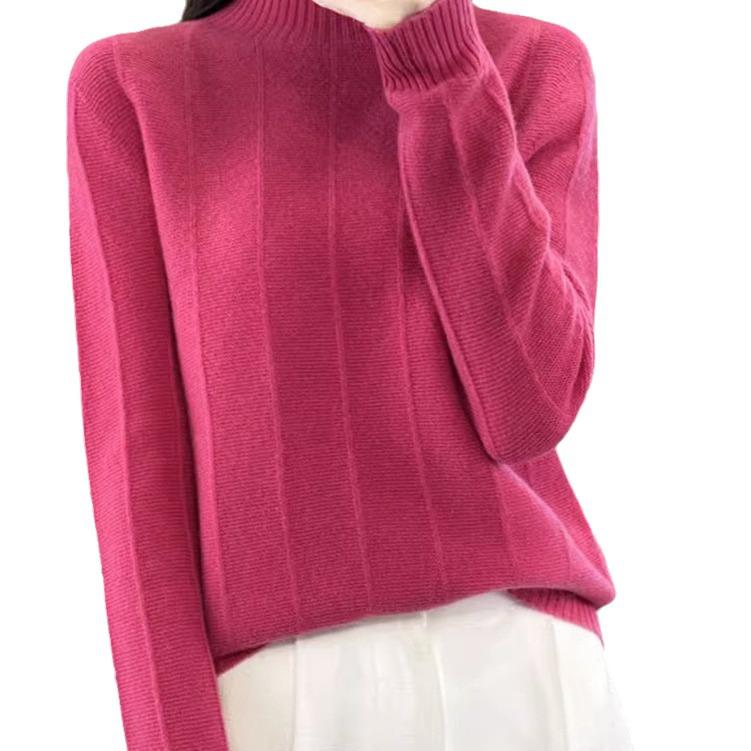 2023 Women's Pure Wool Round-Neck Sweater - Solid Color, Vertical Stripe, Commuter Style, Knitted for Warmth