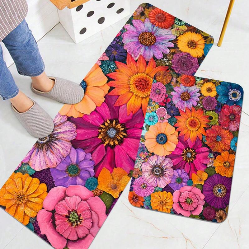 1pc Vibrant Floral Flannel Kitchen Floor Mat Machine Washable for Entrance Kitchen Living Room Laundry Bathroom Home Decor