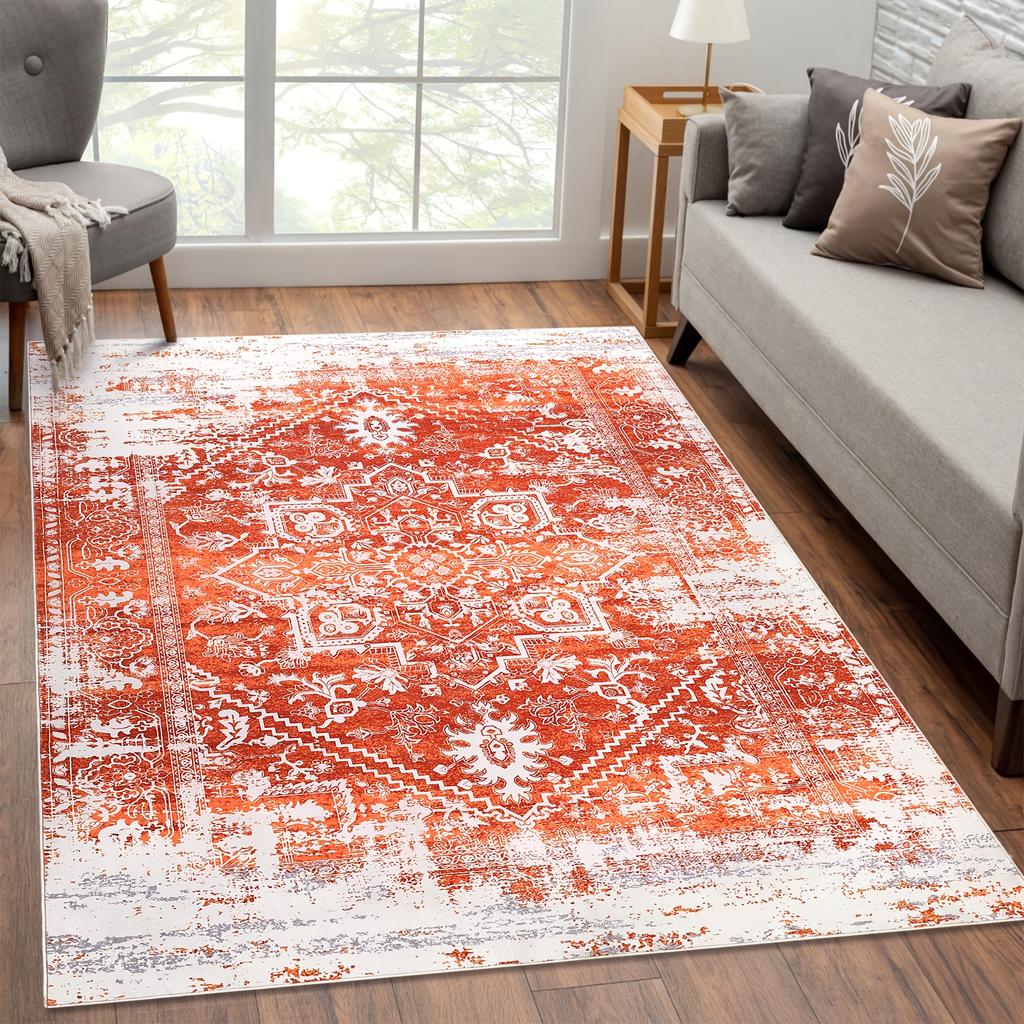 Vintage Blue White Distressed Floral Mat Non-Slip Rubber Backing, for Living Room, Bedroom, Kitchen, Entryway, Bedroom Decorat