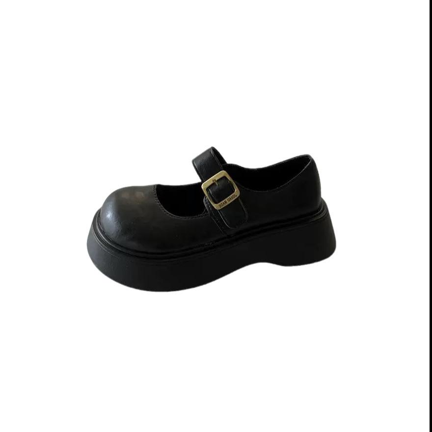 thick-soled black light-mouth small leather shoes for women's autumn new versatile Mary Zhenzi with skirt single shoes