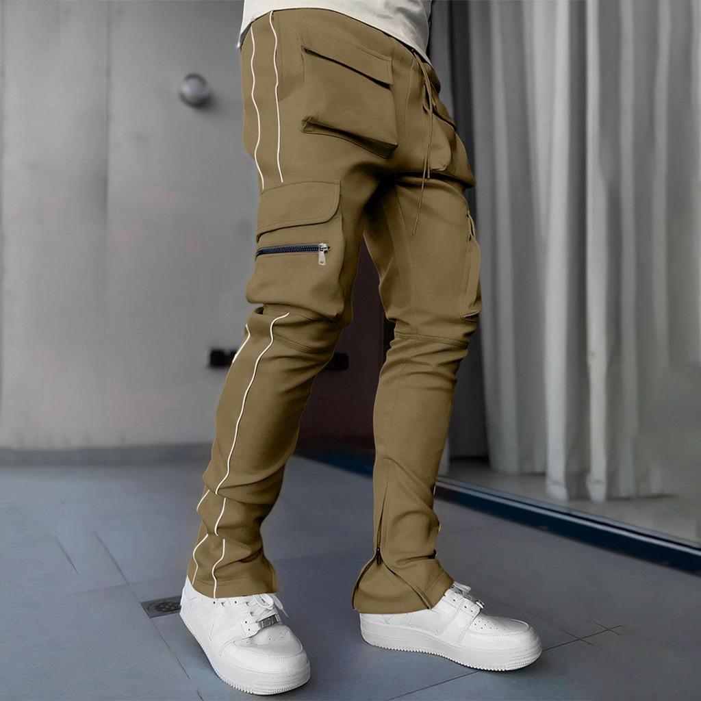 Men's Stretch Cargo Pants with Multi Pockets and Reflective, Straight Leg Workout Fitness Casual Long Pants for Spring and Fall