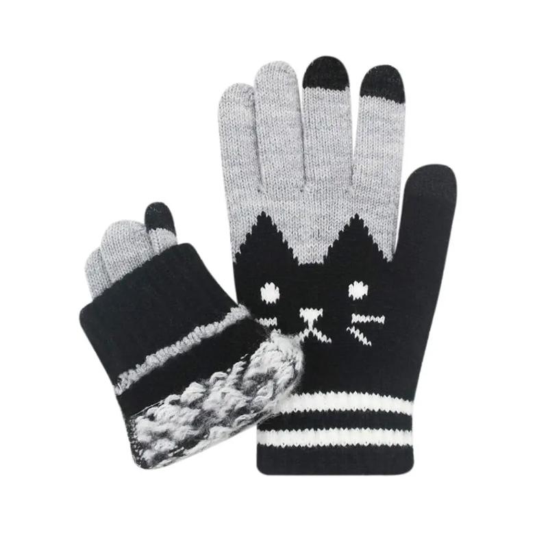 Zimní Kočičí Žakárové Všestranné Zesílené Teplé Pletené Rukavice Hravé Rukavice s Plnými Prsty Roztomilé Vícebarevné