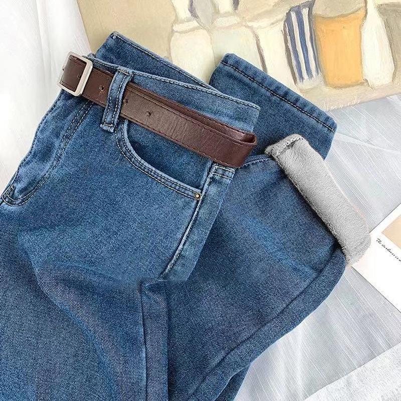 Women's 2025 High-Waist Straight Jeans: Velvet-Thickened, Slim-Fit, Nine-Point Harem Pants for Autumn/Winter