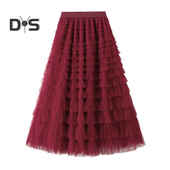 Damenrock, hohe Taille, A-Linie, großer Schwung, Rüschen, einfarbig, verstreuter Saum, plissiert, Patchwork, einfarbig, Prinzessinnen-Stil, elastische Taille, Knöchellänge, Maxi