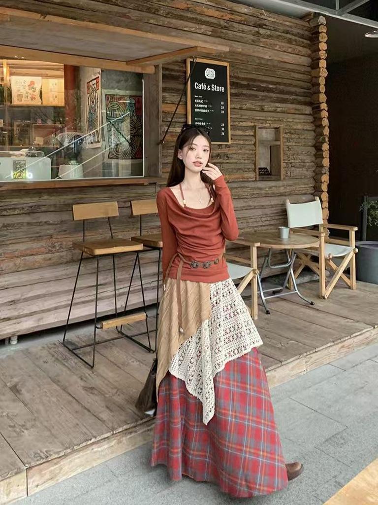 Retro Japanese Ethnic High-Waisted Slim Long Skirt for Women - Autumn/Winter Spliced Design