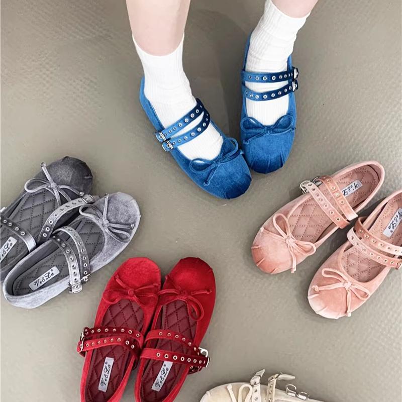 Fashion Double Rivet Buckle Strap Ballets Shoes Women Soft Velvet Flats Bowtie Mary Janes Ladies Brides Round Toe Pink Ballerinas Shoes