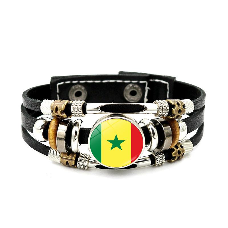 Factory National Country Flag Design Bracelet Crystal Bead Snap Button Sports National Team Jewelry Gift Leather Wrap Bracelet