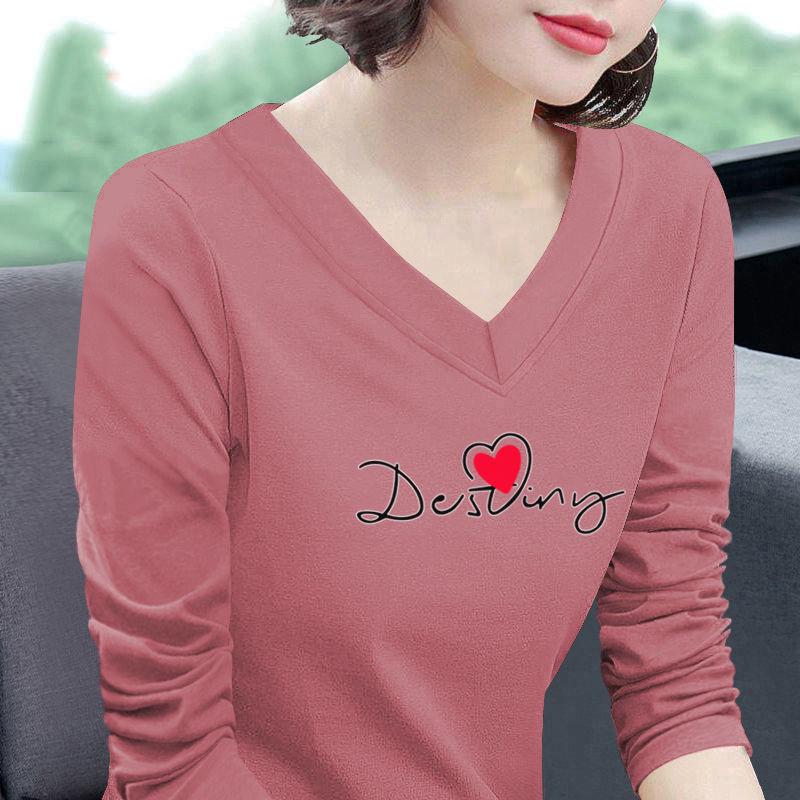 

Женская футболка больших размеров из 100% хлопка с V-образным вырезом и длинным рукавом - 2025 Весна/Осень Корейский стройнящий стиль M