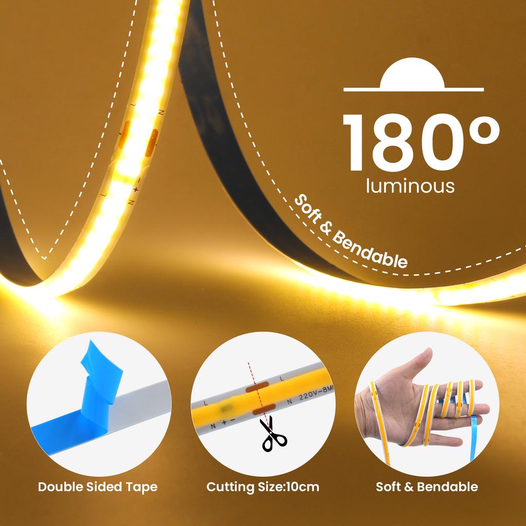 High Brightness COB LED Strip Light AC 220V/110V EU US Plug 240LEDs/M 3000K 4000K Flexible Ribbon Lamp for Indoor Home Decor