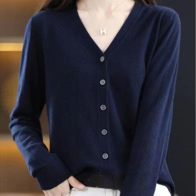 Damen Strickjacke Rundhalspullover Herbst und Winter Strickpullover Damen Einfarbig Langarm