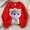 Kids Crewneck Long Sleeve Sweatshirt,Adorable Pink Flower Cat Print