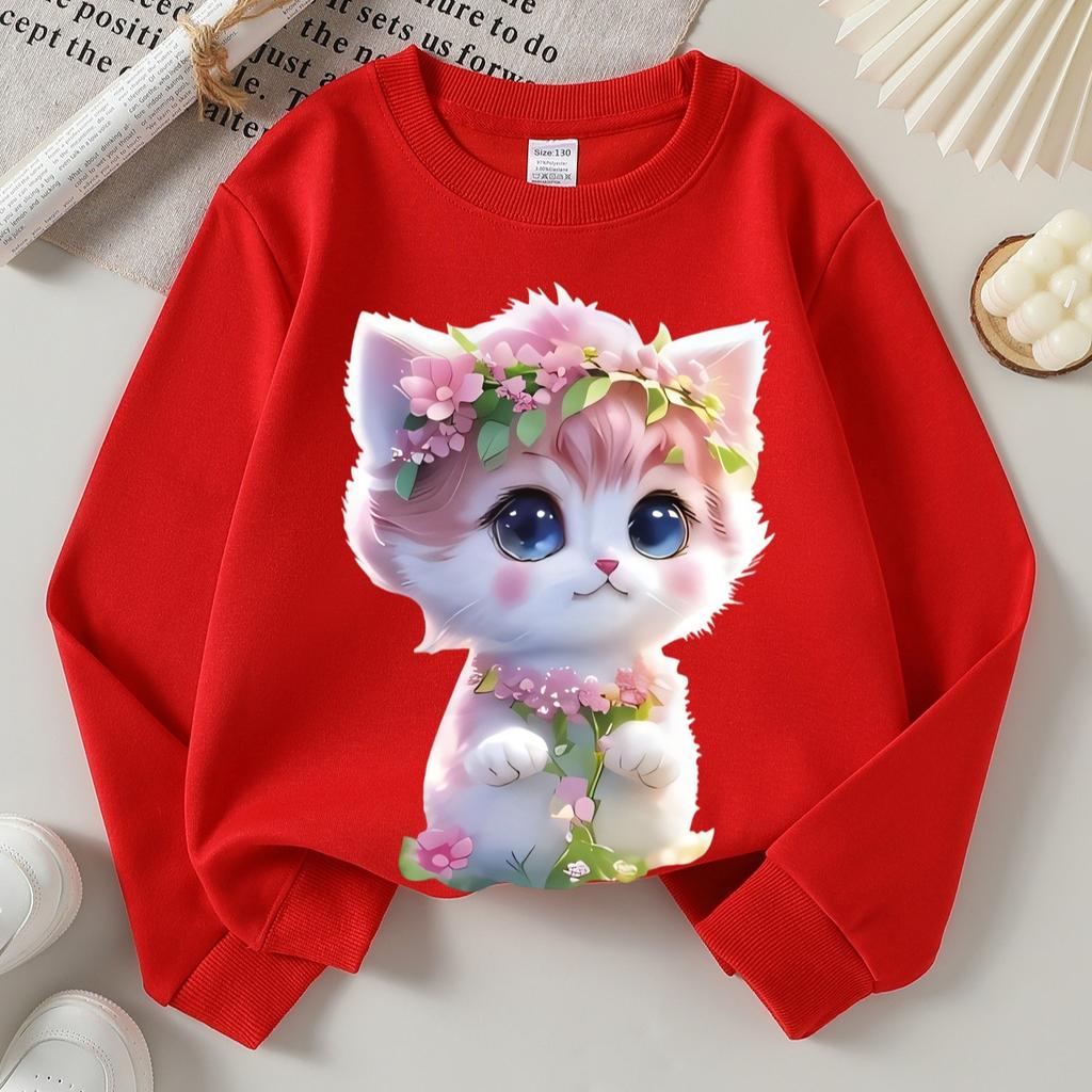 Kids Crewneck Long Sleeve Sweatshirt,Adorable Pink Flower Cat Print