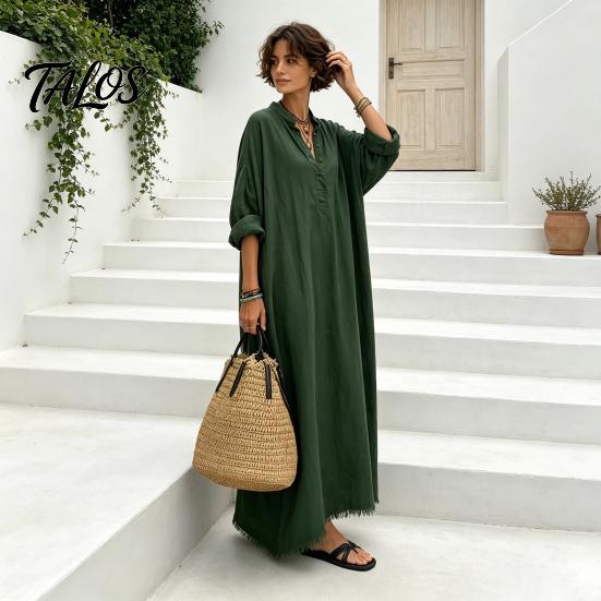 Beach Dress for Women Summer Maxi Women, V-Neck Casual Oversized Boho Long Elegant Dress, Sleeve Button Up Vacation Sundress with Pockets Lightweight