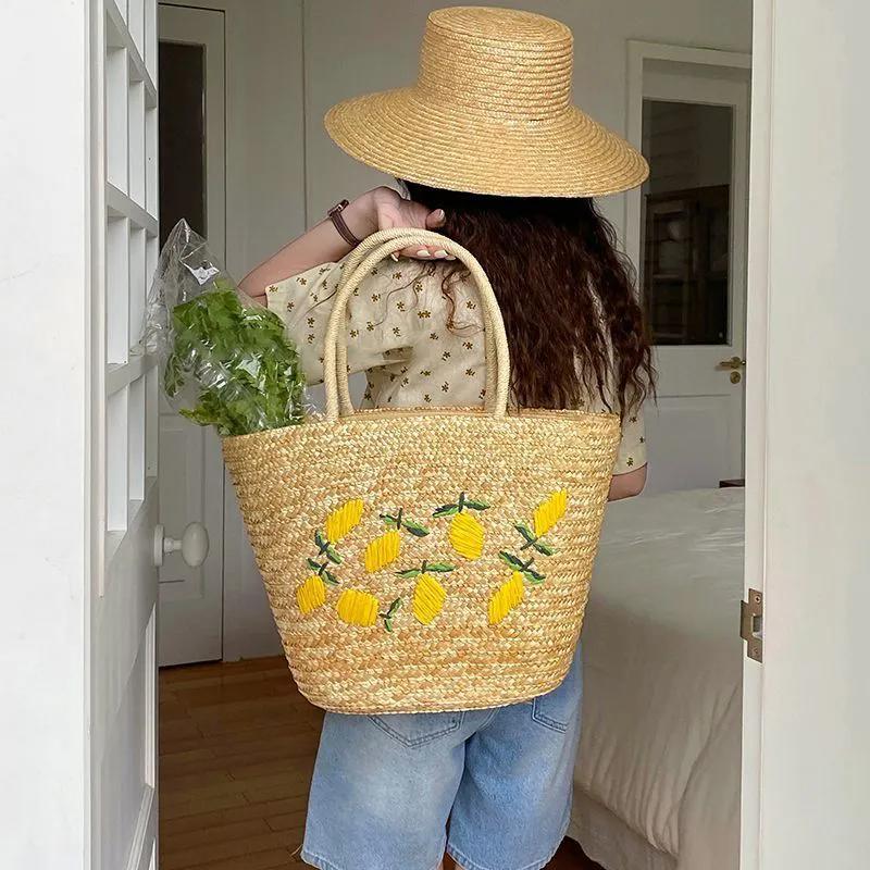 

WTEMPO Retro High Quality Straw-woven Embroidery Bags Women Four Seasons Large Capacity Single Shoulder Bucket Bag 1pc хаки
