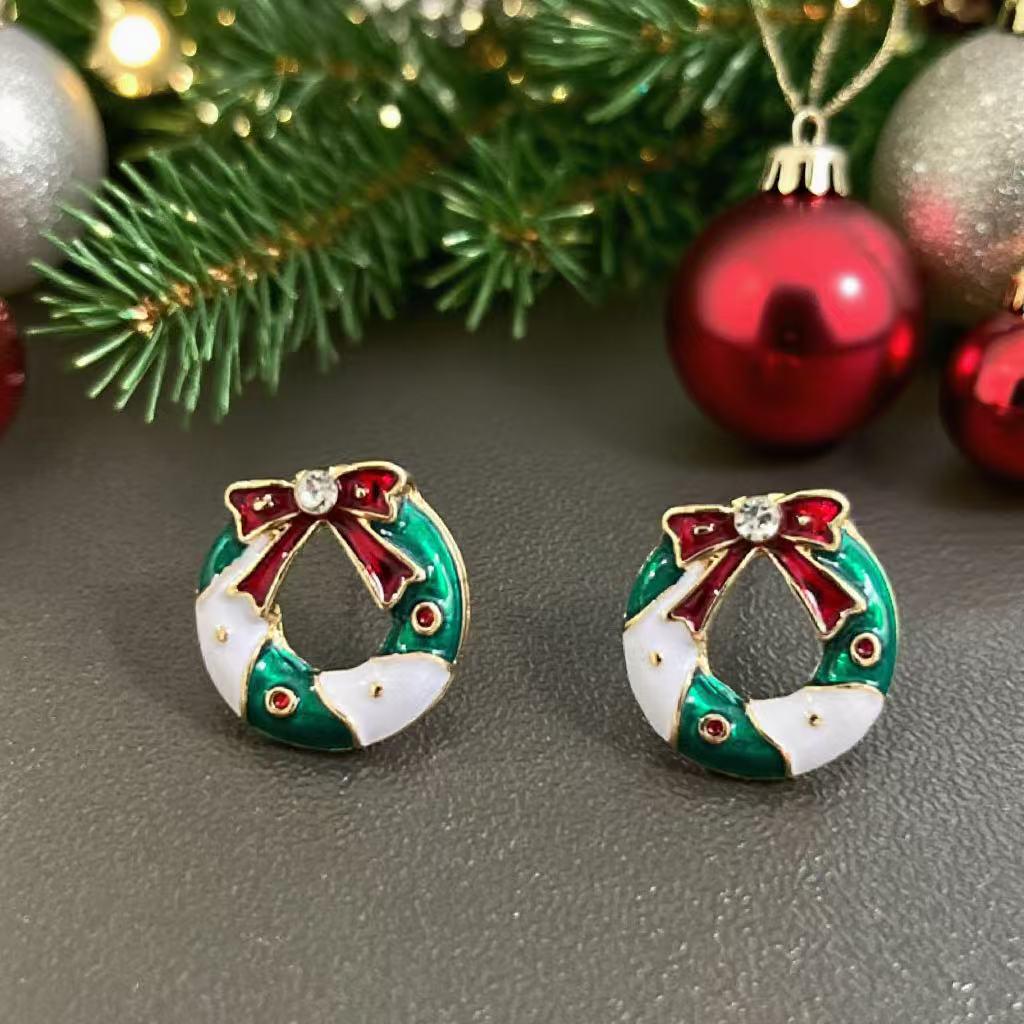 Exquisite Christmas Stud Earrings with Drip Oil & Inlaid Diamonds - Festive Fashion Jewelry