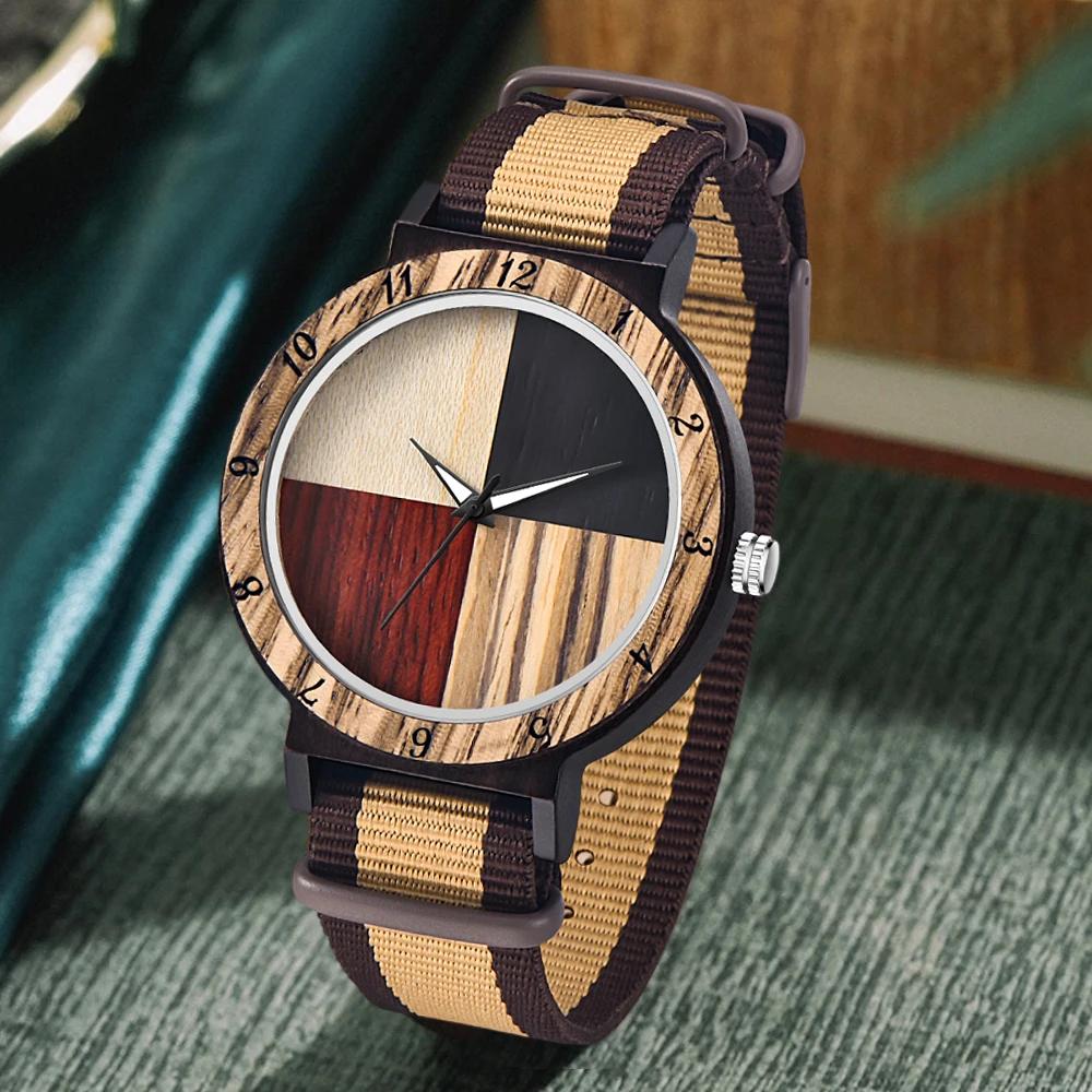 Stylish Unisex Wooden Quartz Watch with Striped Nylon Strap Men s Wristwatch Gifts Lightweight Wooden Business Watch