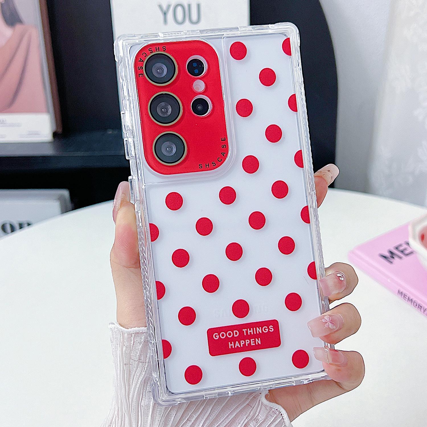 

For Samsung Galaxy S25 Ultra Case Clear PC+TPU Phone Cover with Polka Dot Pattern and Lens Film Red