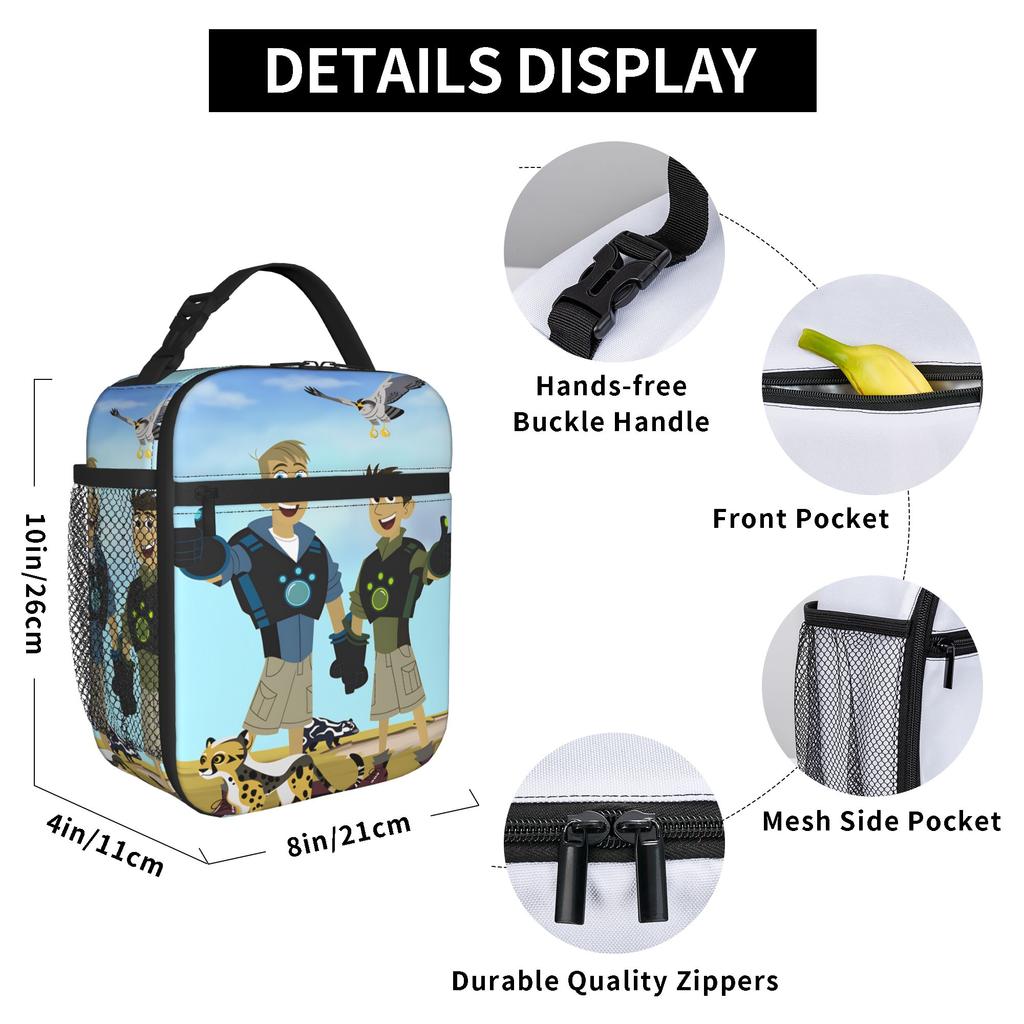 Wilds Kratts Lunch Bag School Lunch Box For Men Vintage Print Thermal Lunch Bags Oxford Portable Zipper Cooler Bag