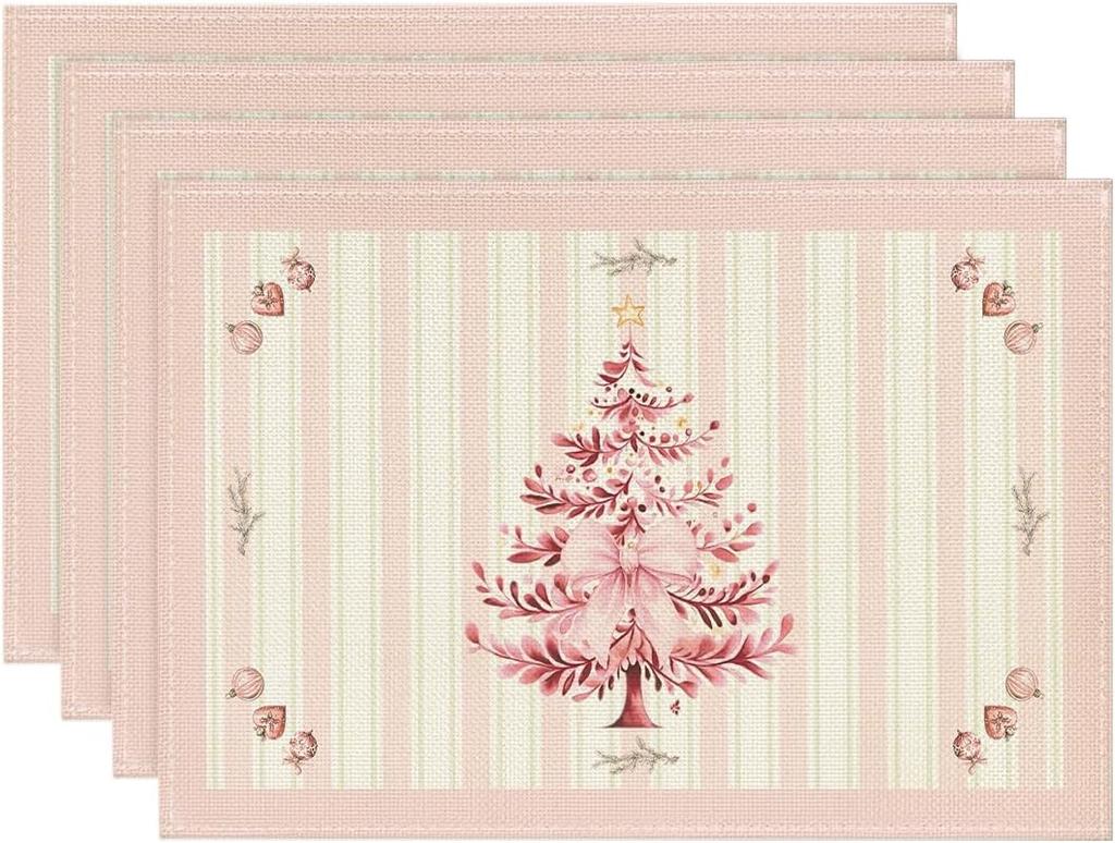 Christmas Tree Print Linen Placemats Bowls Plates Anti-slip Heat-insulating Mats Christmas Themed Table Mats for Home Decoration
