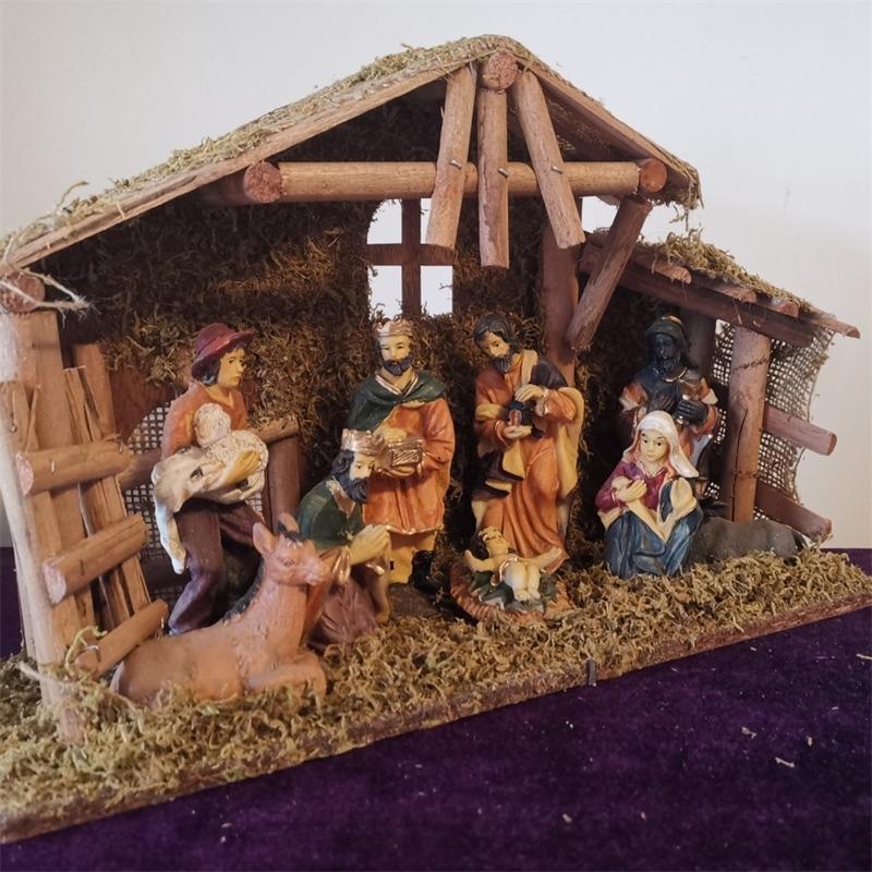 European Christmas Nativity Large Wooden Cottage Ornament Set For Table Centerpiece And Mantel Holiday Gift