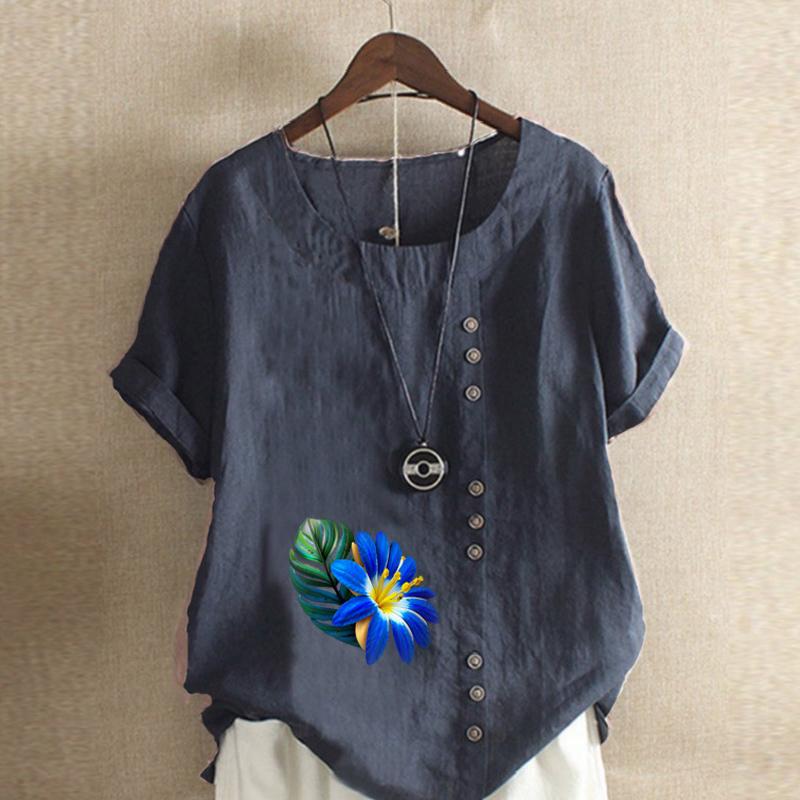 Tricou cu mânecă scurtă, cu gât rotund, la modă pentru femei, ocazional, din bumbac, cămașă grafică, pentru petrecere a timpului liber, cu flori, bluză de vară, topuri
