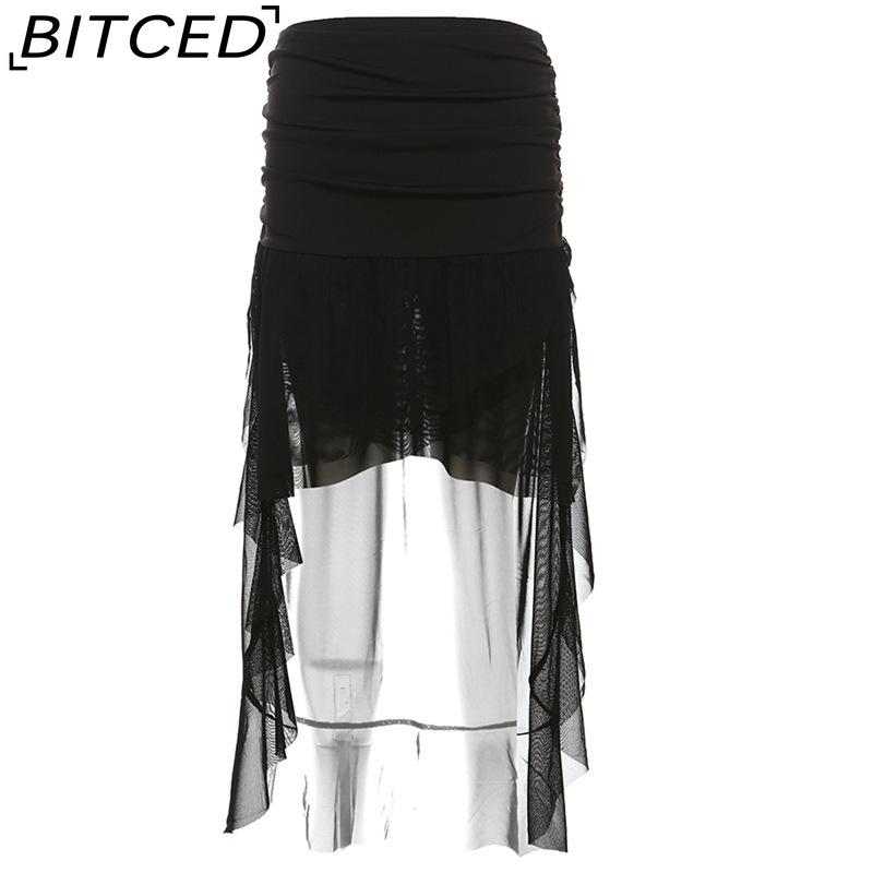 

BITCED Fall Solid Color High-Waisted Sexy Mesh Ribbon Short Skirt for Women L чёрный