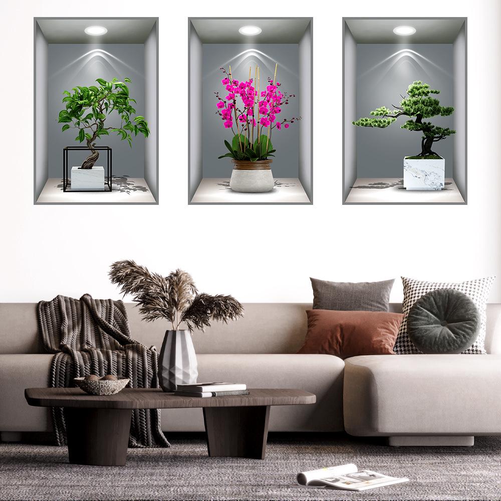 Wei Mo Xiang Green Plant Three-Panel Self-Adhesive Decorative Wall Sticker for Home & Hotel