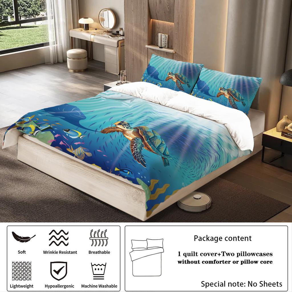 3-piece set, turtle underworld themed pattern printed bedding set, 1*duvet cover+2*pillowcase, for queen, king, double bedroom