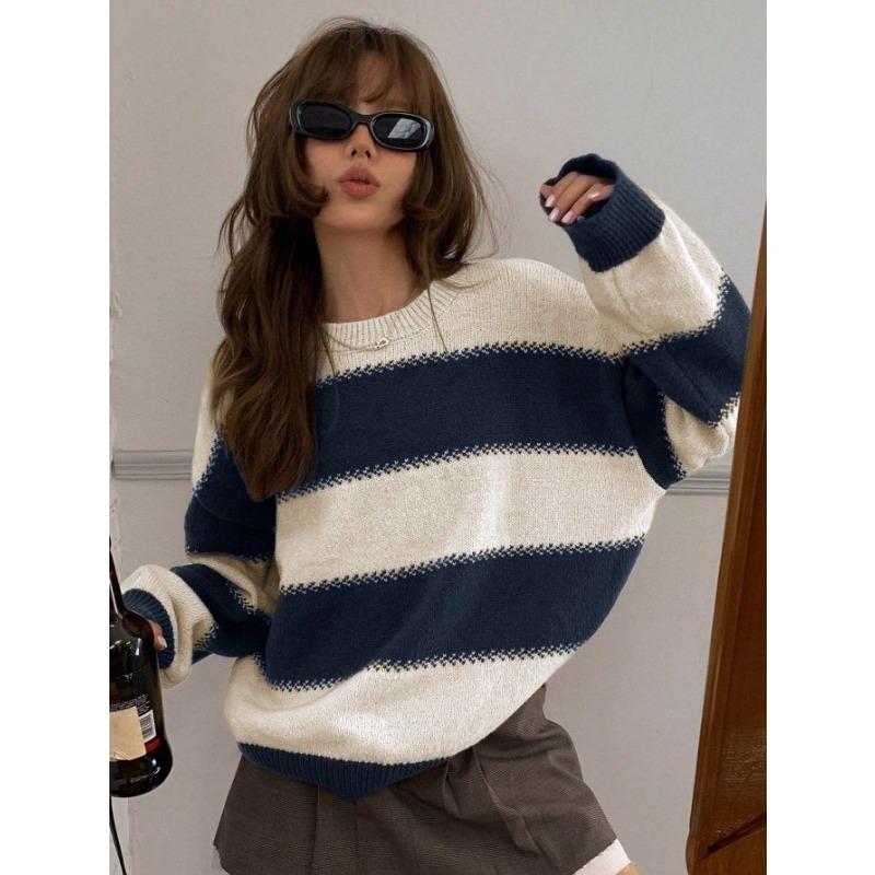 Women S Color Block Striped Knit Sweater Loose Drop Shoulder Crew Neck Long Sleeve Casual Top