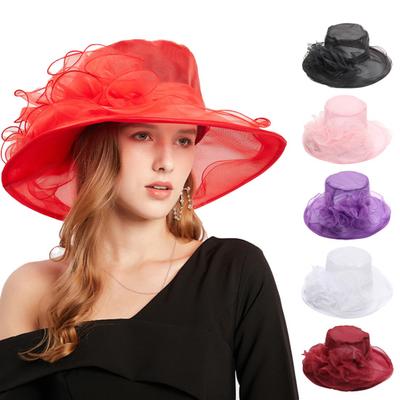 Vintage Women Derby Hat Organza Fascinators Layered Mesh Flower Decor Pure Color Wide Brim Flat Top Tea Party Prom Wedding Gatsby Headpiece Summer Hat