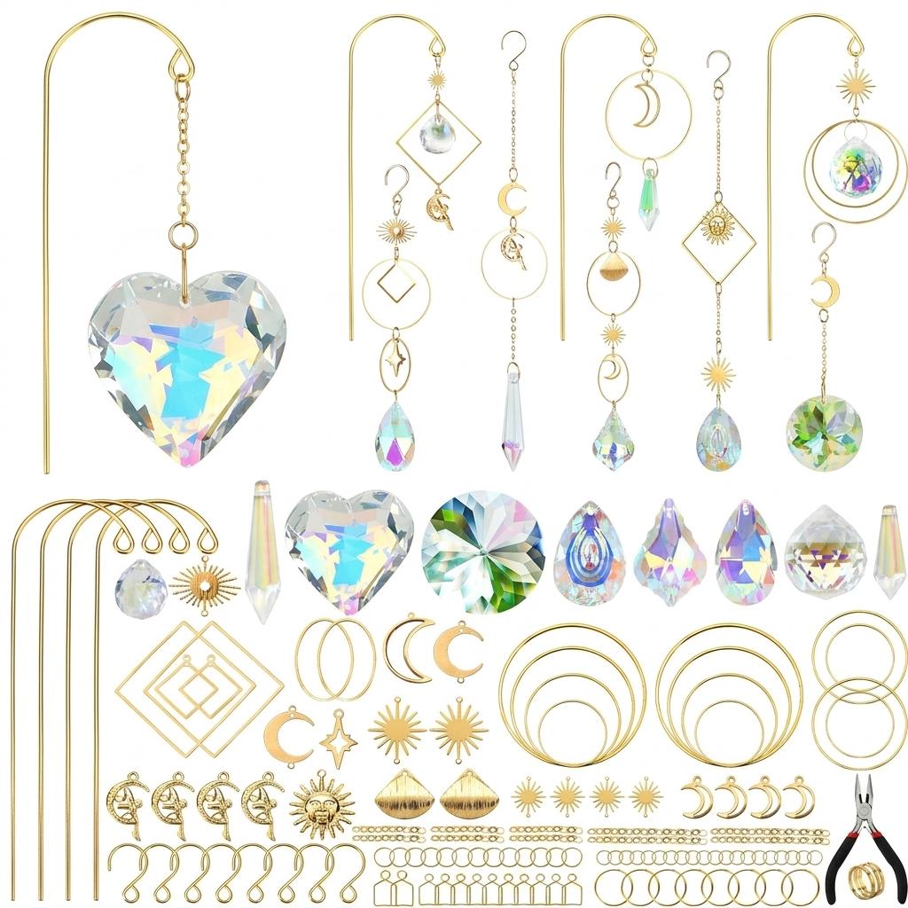 260Pcs DIY Crystal Suncatcher Kit For Garden Potted Plant Decoration With Metal Hooks And Colorful Glass Pieces