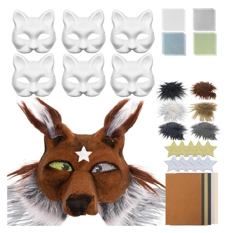 6Pcs Unpainted Cats Mask Set Includes Furry Trim Eye Mesh Sticker Felted Cloth for Painting Unpainted Masquerades Mask