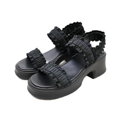 Frill Gathered Platform Sandals for Ankle Back LL [Vivian] Women, Strap, Strap, Elastic, Sporty, V57104SM, Black, (25.0cm)