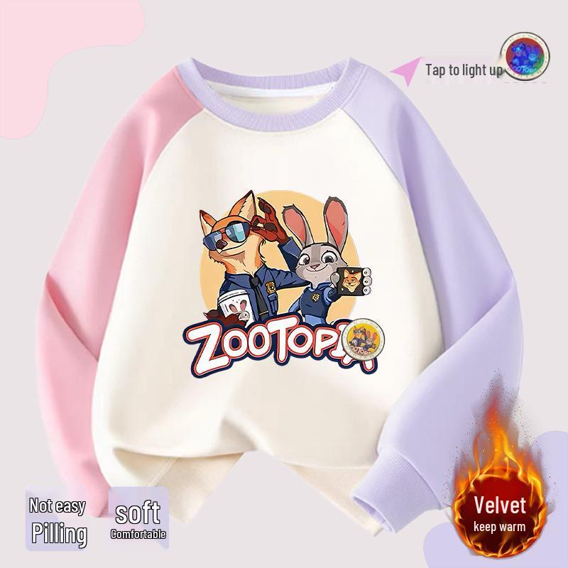Girls' Zootopia Color Block Hoodie with Lights - Cotton, Raglan Sleeves, Striped, Thin/Plus Velvet, Autumn/Winter