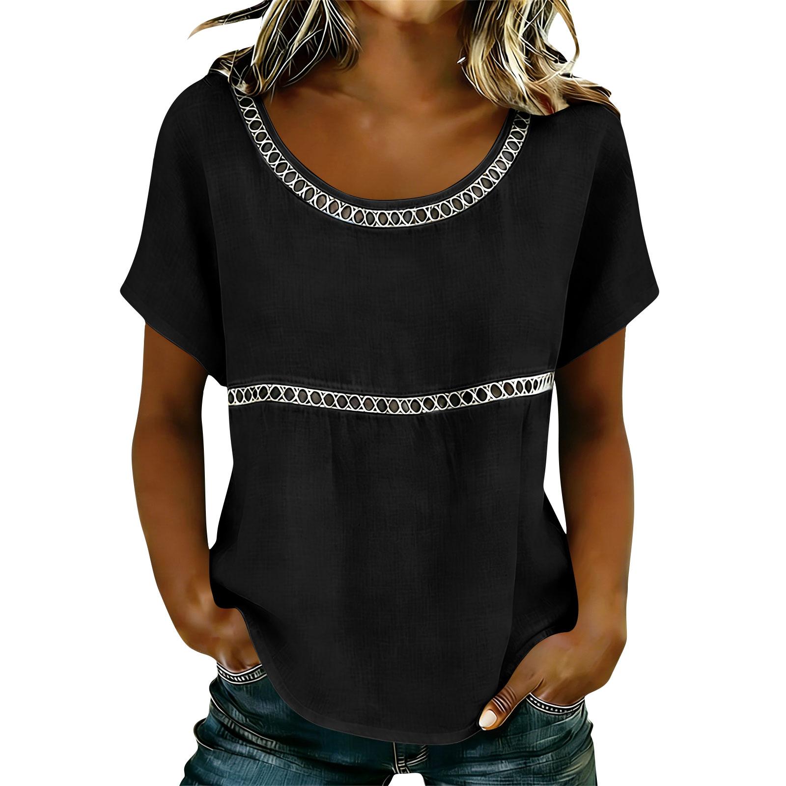Women s Casual And Elegant Short-Sleeve Shirt With Bow Hem Boho Color T-Shirt Top L чёрный
