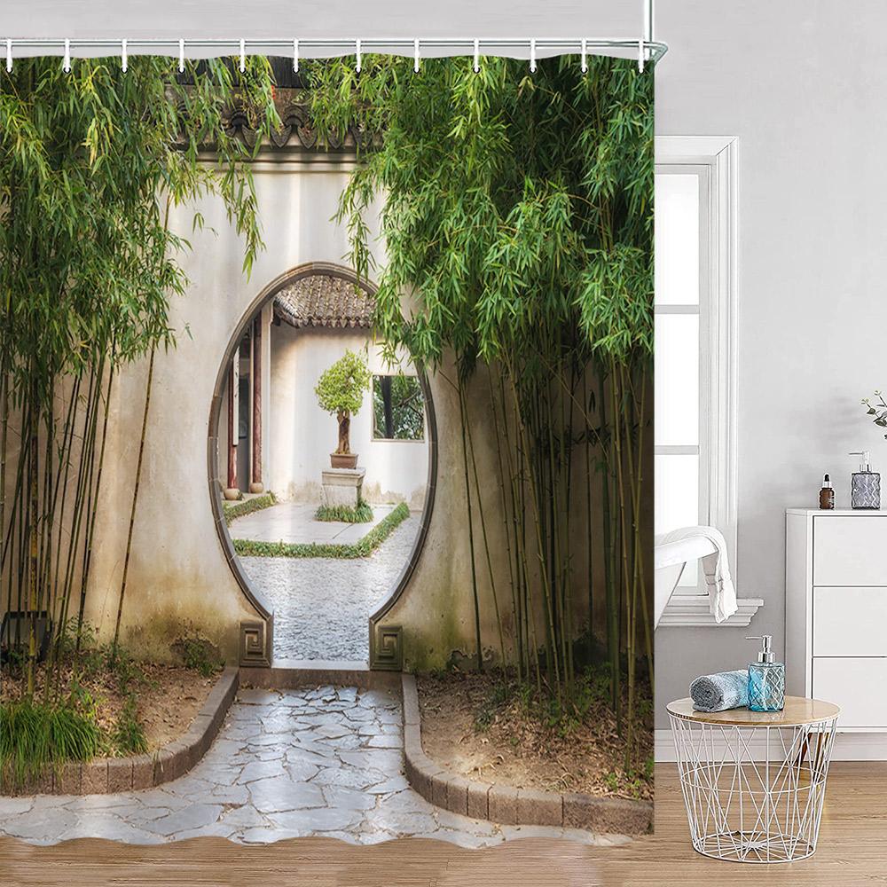 Garden Green Palnts Shower Curtains Green Leaves Chinese Garden Forest Floral Bathroom Curtains Classical Home Decor for Bath