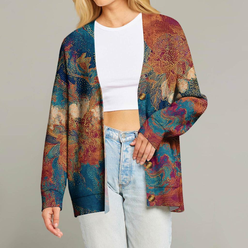 Women's Fashion Long Sleeve Christmas Print V-Neck Button Loose Cardigan Top